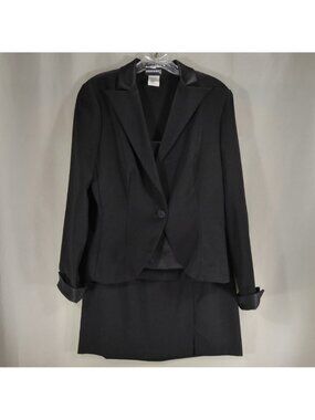 Fashion Bug Womens 6 Black 3 Piece Skirt Suit Tuxedo Satin Trim Blazer Cami Y2K